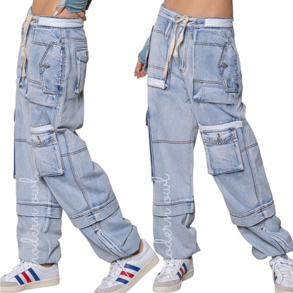 POL Baggy Cargo Jeans with Elastic Leg Openings - Picture 4 of 7